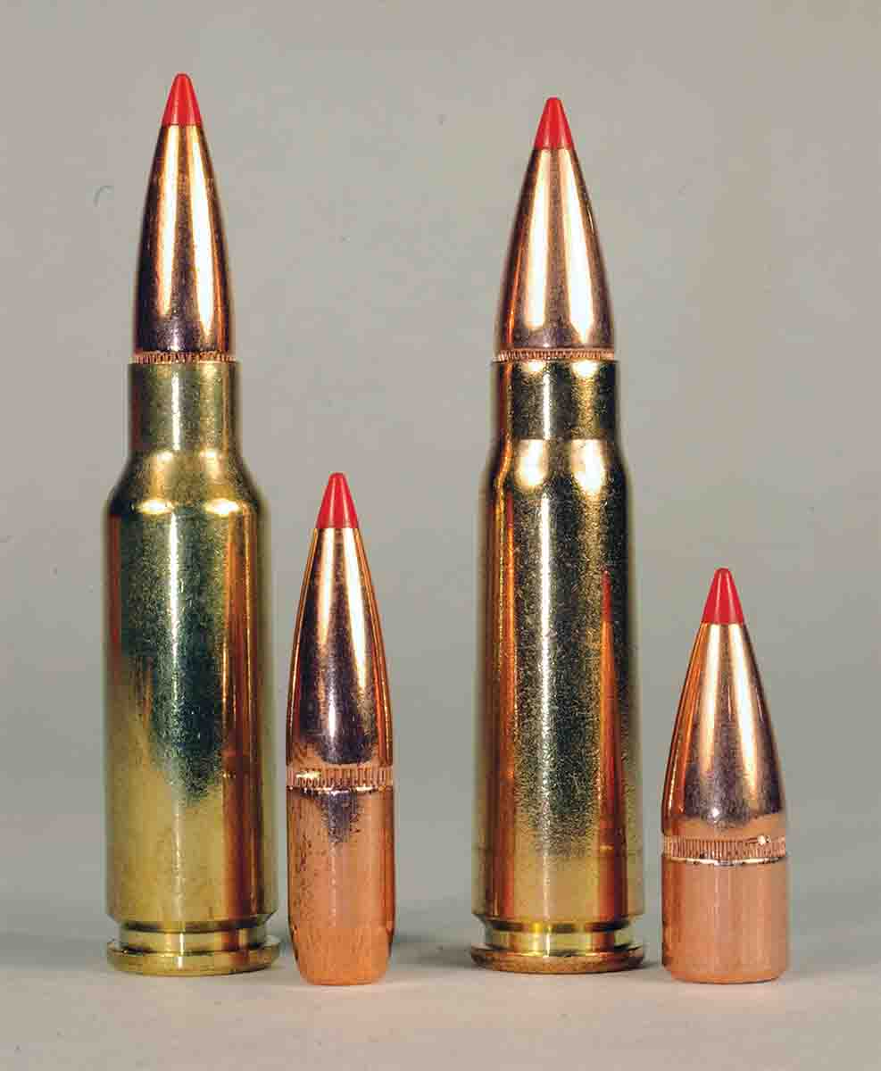 The 6.5 Grendel (left) is based on the 7.62x39 Soviet cartridge (right). Hornady 6.5mm 123-grain SST bullets have a much higher ballistic coefficient than .310-inch, 123-grain SST bullets.